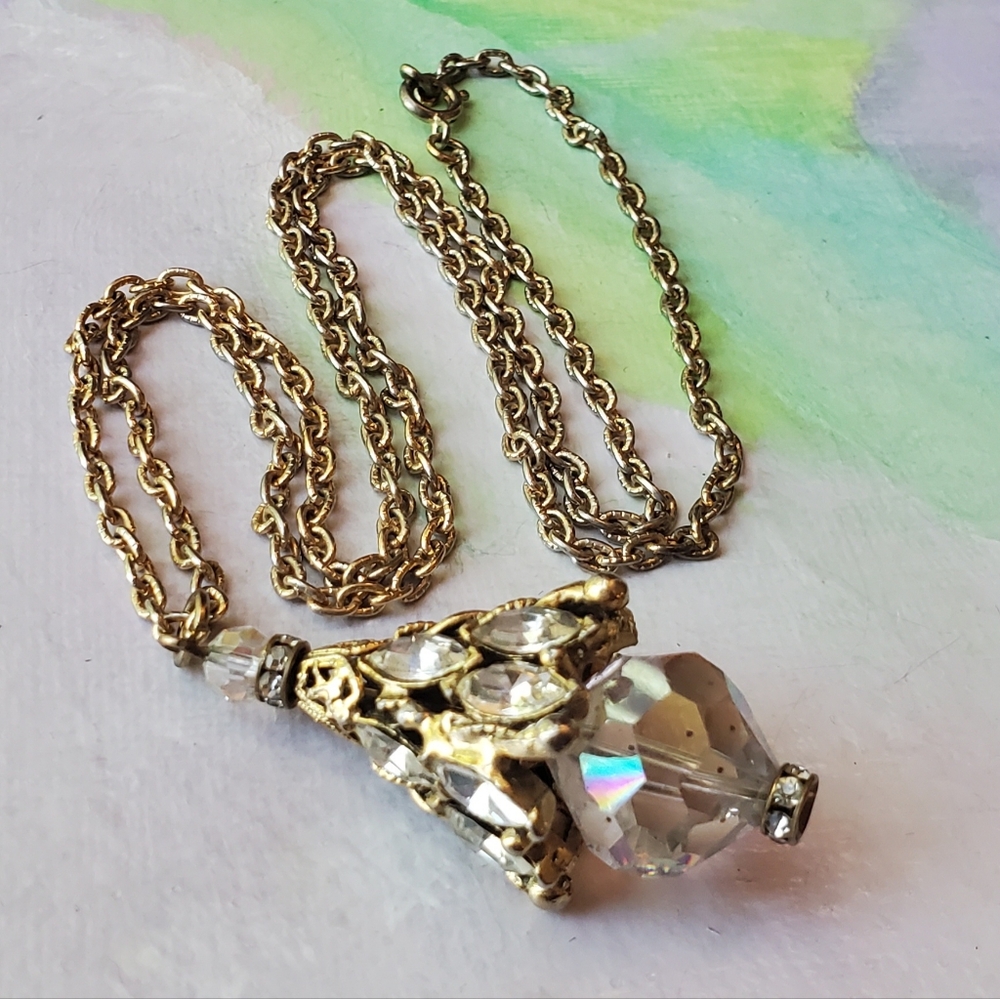 Vintage Edlee Necklace Huge Rhinestone Pendant Aurora Borealis Bead Unique